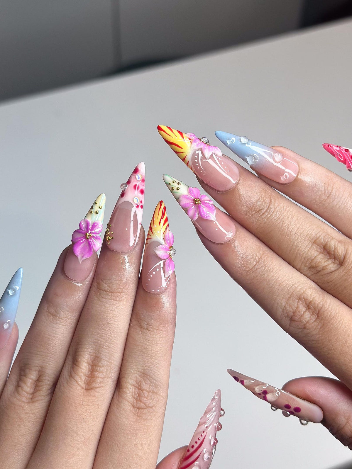 2026 Festival Trend: Hibiscus Tropical Nails | Sunset Glow Pink &Orange Ombre Nails|Flower Press Ons |Water Drop Summer Vacay Nails| OB364IC