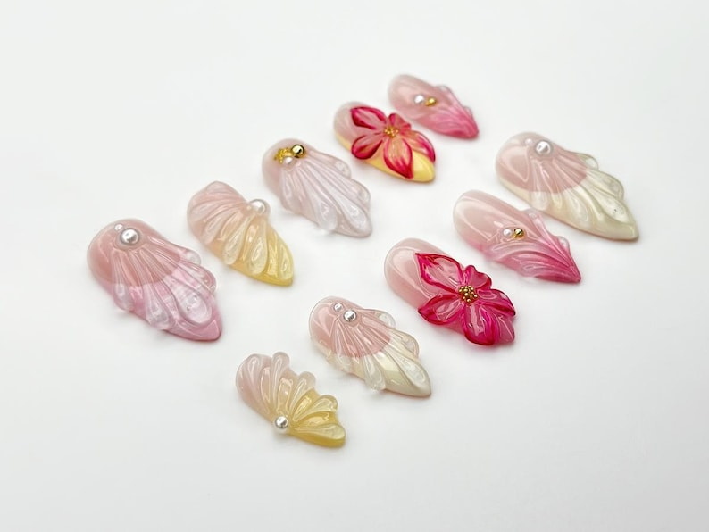 Jelly Flower Press On Nails | 3D Floral Nails with Pearls and Petal Wings | Romantic Pink Gel Nail Set | Summer Nails | Holiday Nail|OB940DC