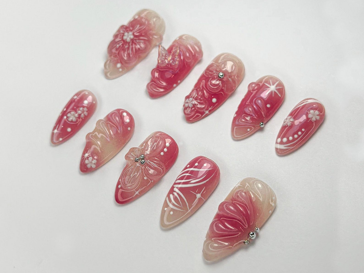 Blush Pink Floral Press On Nails | Soft Glitter Blossom Nail Set |Elegant Spring Nails | 3D Flower Nude Nail Tips | Everyday Glam | OC755HP