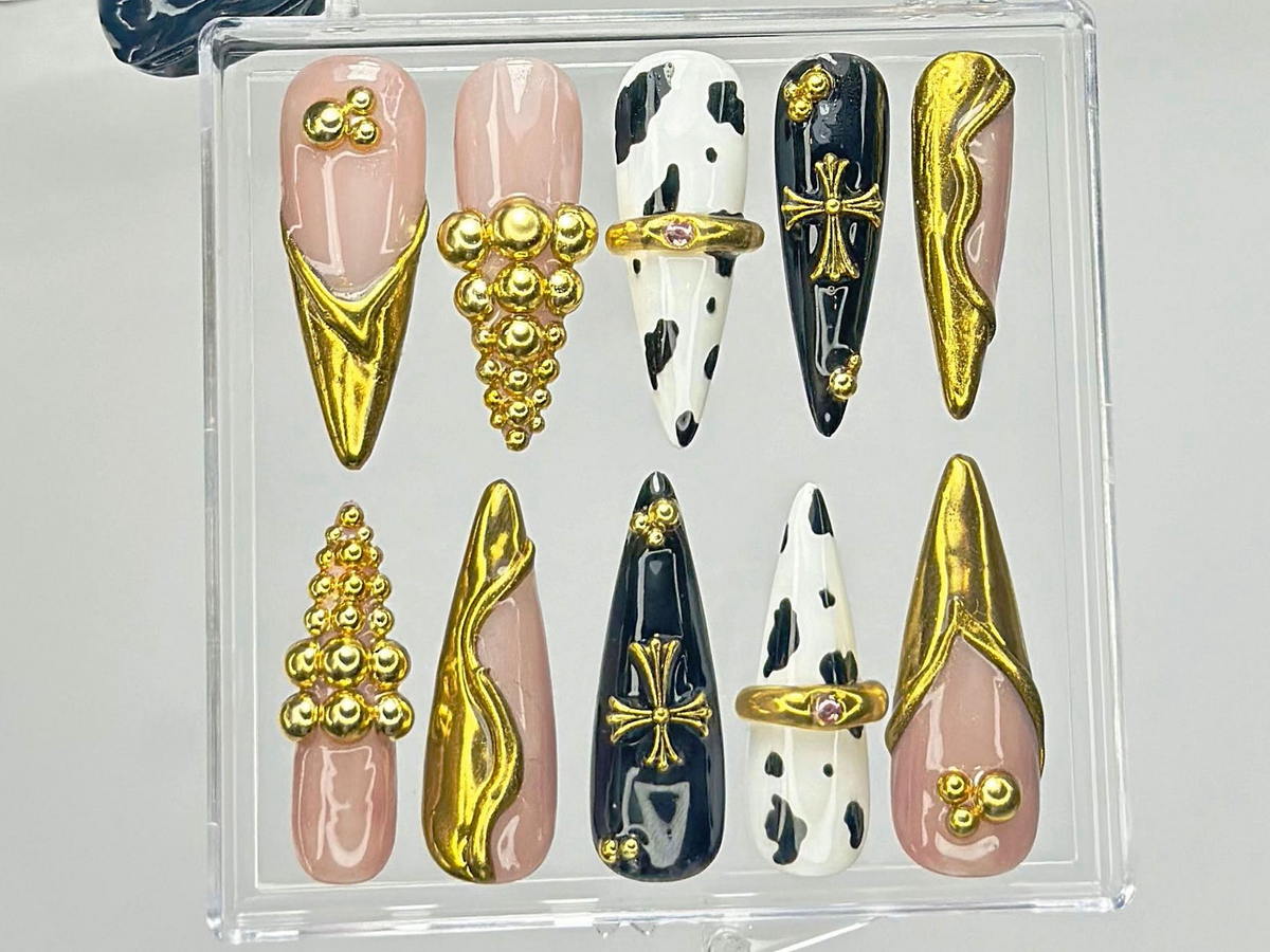 Black & Gold Luxury Press On Nails | Bold Cow Print Fake Nails | Golden Gothic Nail Art | Glam Cow Print, Cross Design Press Ons | OB919YK