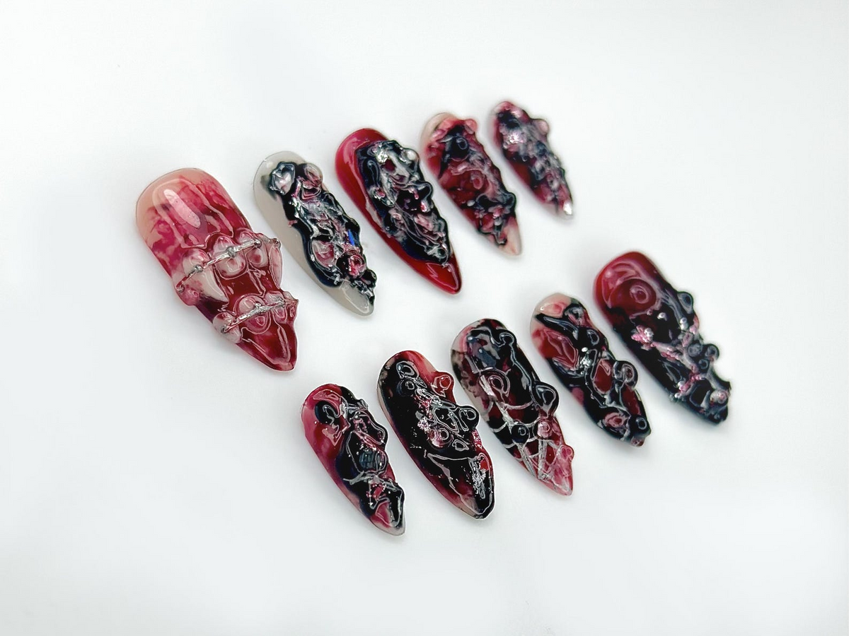 Gothic Blood Veil Press On Nails | 3D Dark Red & Black Texture Nail Art |Horror-Inspired Abstract Nails | Handmade Grunge Press Ons |OB988EC