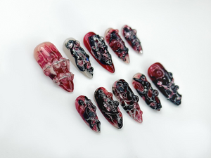 Gothic Blood Veil Press On Nails | 3D Dark Red & Black Texture Nail Art |Horror-Inspired Abstract Nails | Handmade Grunge Press Ons |OB988EC