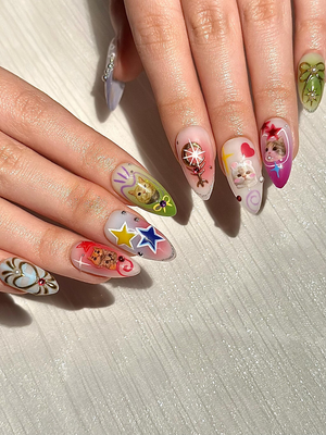 Kawaii Cat Press On Nails | Y2K Cute Kitty Nails | Colorful Nails | Harajuku Pop Nail Art | Handmade Cute Press Ons | OB313HC