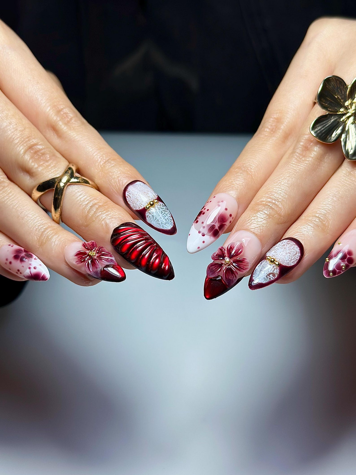 Burgundy Red Floral Press On Nails | 3D Wine Flower Nails | Dark Romantic Nail Art | Elegant Gradient Nails | Luxury Press Ons | OB324HK