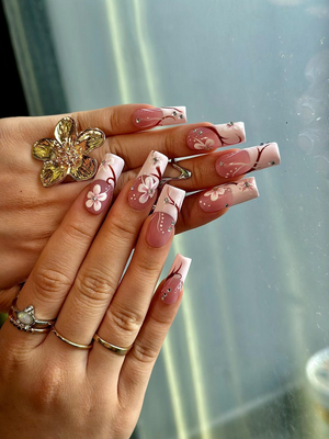 Floral Pink Gradient Press On Nails | Elegant Pink Floral Nail Art | Rhinestone & Petal Design | Romantic Spring Nails | OB206EC