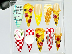 Pepperoni Pizza Nails By Dorynail | 3D Food Fake Nails | 3D Novelty Nail Art | Gift for Pizza Lovers Acrylic Nails | 3D Pizza Nails |OB818Y