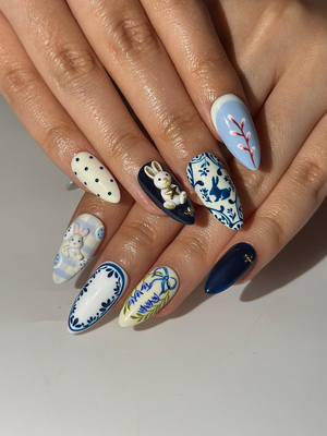 Easter Bunny Blue Press On Nails | 3D Rabbit Nail Art | Delft Blue Floral Nails | Cute Spring Easter Nail Set| Handmade Press Ons | OB1300HC