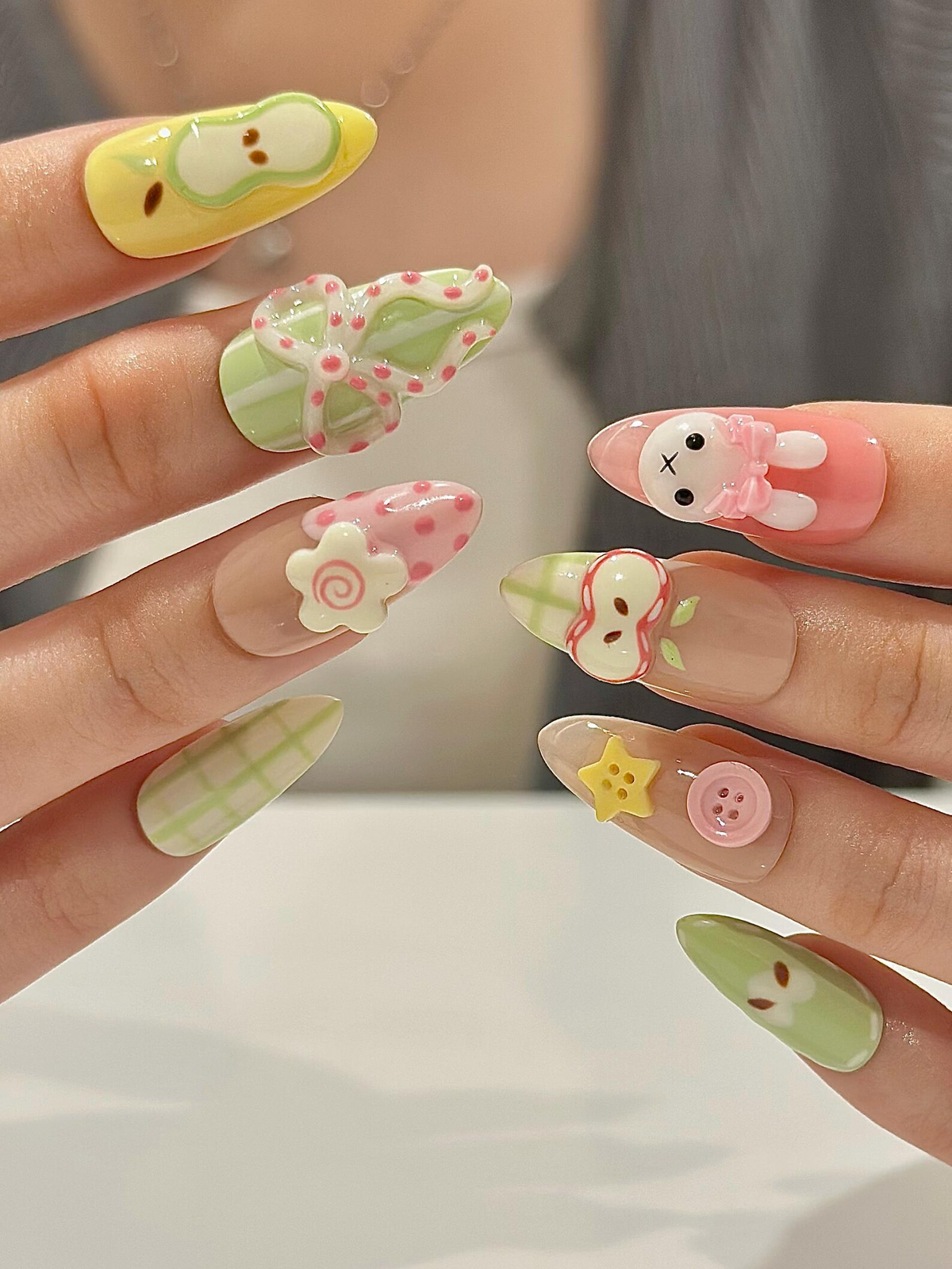 Kawaii Bunny Easter Press On Nails, Pastel Green and Pink Plaid Nails, Colorful Pastel Gingham Fake Nails For Cute Lover, OB1291H
