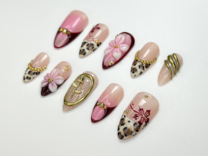 Pink Leopard Glam Press On Nails | 3D Floral & Cheetah Print Nails | Burgundy Gold Accent Nail Set | Handmade Art Press Ons | OC102HC