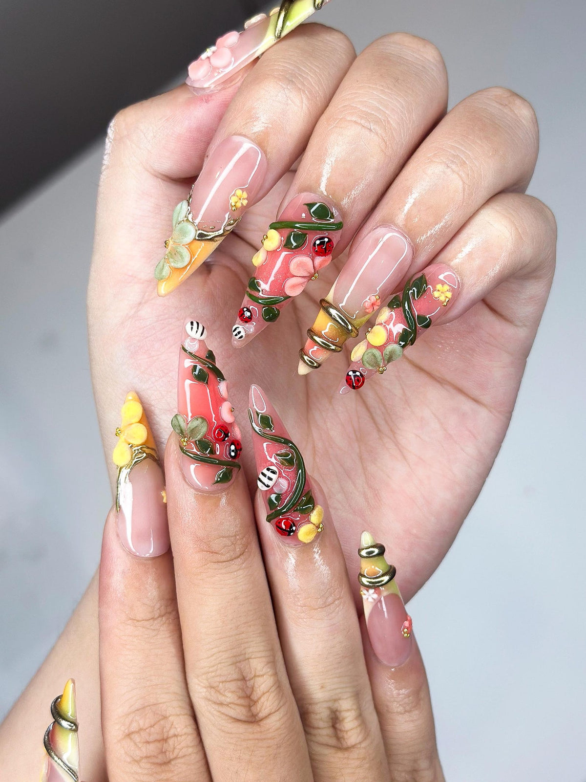 3D Ladybug Floral Press On Nails | Metallic Vines Enchanted Garden Set| OB1327IK