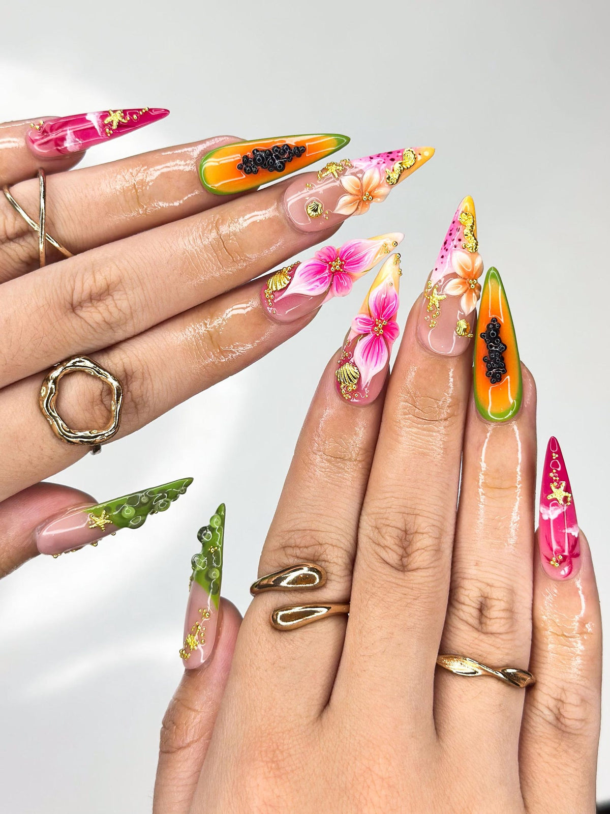 3D Tropical Papaya & Ocean Nails | Summer Starfish Seahorse Press Ons | Juicy Fruit Botanical Luxury Stiletto Art | OB368IC