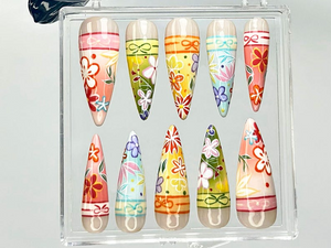 Kimono-Inspired Press On Nails | Japanese Floral Fake Nails | Japanese Kimono Nail Art | Traditional Bright Floral Press Ons | OB917YK