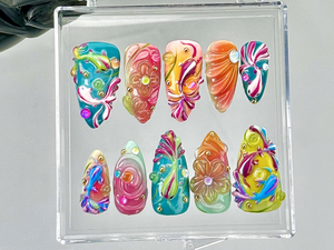 Colorful 3D Press On Nails by Dorynail | Swirl Rainbow Fake Nails | Swirly Neon Nail Art |Multicolor 3D Nail Art |Psychedelic Nails|OB796YC