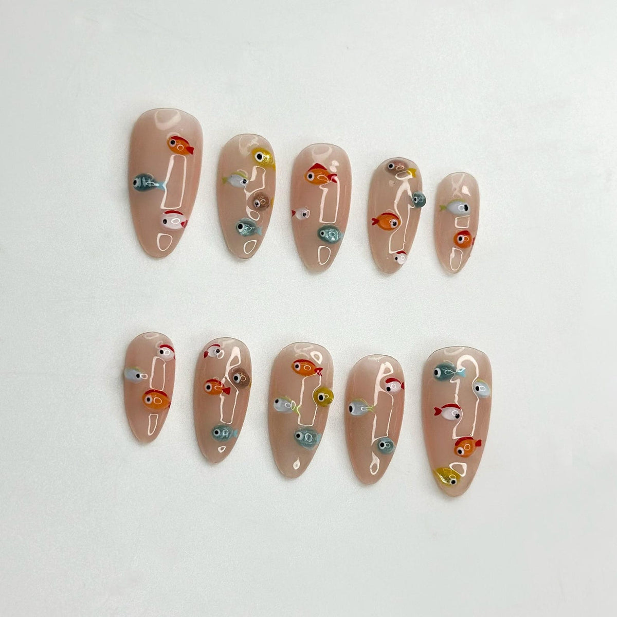 3D Fish Press On Nails | Cute Aquarium Almond Nails | Handpainted Ocean Jelly Fake Nails | Summer Beach Vacation Reusable Nails Gift|OB400LK