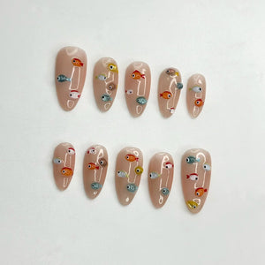 3D Fish Press On Nails | Cute Aquarium Almond Nails | Handpainted Ocean Jelly Fake Nails | Summer Beach Vacation Reusable Nails Gift|OB400LK