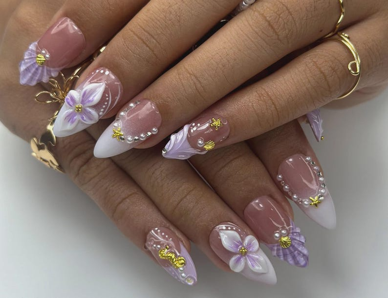 Lavender Ocean Bloom Press On Nails | 3D Seashell & Seahorse Nail Art | Purple Floral Mermaidcore Tips | Long Glossy Set | OC954EK