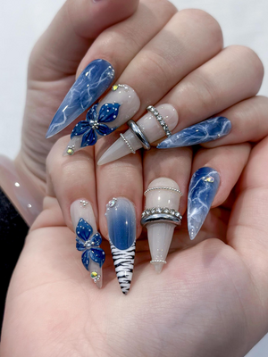 Blue Marble Blossom Press On Nails for Spring Blue | Handmade Nude & Sapphire Nails with Floral Art | Elegant Stiletto Nail Design |OB2890EC