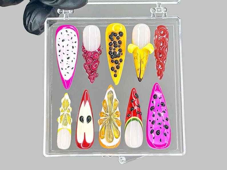 Tropical Fruit Press On Nails | Dragonfruit & Banana Nail Art | Colorful Fruit Press Ons | Kawaii Fruit Fake nails | Summer Nails | OB953YK