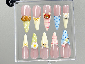 Cute 3D Cartoon Press On Nails | Pastel Kawaii Nail Art | 3D Bear Picnic Press Ons | Gingham Pastel Fake nails |Animal Kawaii Nails |OB990YK