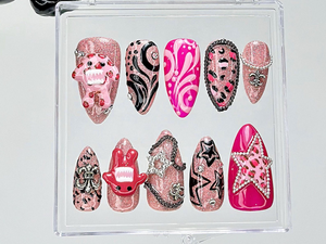 Cute Monster 3D Press On Nails | Pink Glitter Punk Fake Nails | Hot Pink Y2K Nail Art |Indie Star Punk Kawaii Nails |Alt Star Chain |OB929YC