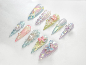 Fairycore Pastel Press-On Nails | Pastel Nature-Inspired Nail | Dreamy Iridescent Design | Butterfly 3D Nail Art | Nature-Inspired | OB730HK