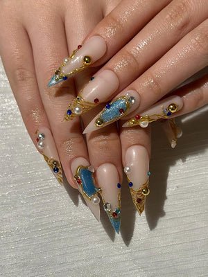 Luxury 3D Jewelry Press On Nails, Gold Filigree and Blue Gemstone False Nails, Royal Core Stiletto Nails for Gala or Wedding | OB1022HC