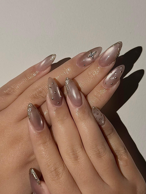 Luxury Cat Eye Press On Nails, Luxury Gold Foil Trim Fake Nails, Elegant Nude Shimmer Nails for Wedding and Formal Events, OC1293HC