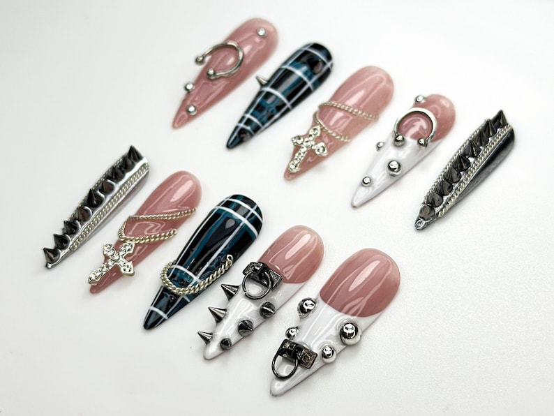 Punk Cross Chain Press On Nails | Gothic Plaid Nail Art | Spiked Pierced Punk Nails | Black White Silver Press Ons | Edgy Nail Set | OC864HK