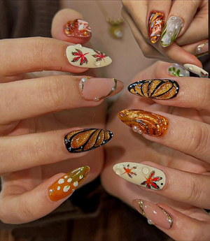 Autumn Maple Leaf Press On Nails | Fall Gold Glitter Nail Art | Orange & Cream Cozy Nails | Elegant Pearl Accent Nails |OB208EC