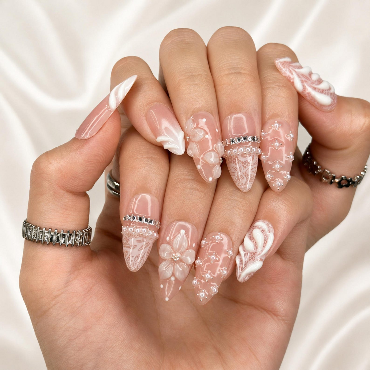 Pink Press On Nails Almond • Bridal Shower Gift Idea • Coquette Pearl Bow 3D Flower Lace Handmade Fake Nails Elegant Style| OB424LK