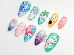 Tropical Starfish Press On Nails | Summer Ocean Beach Nail Set | 3D Starfish & Hibiscus Nail Art | Vibrant Mermaidcore Press Ons | OB794HC