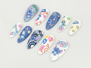 Cute Stitch Cartoon Press-On Nails | Fun Space and Floral Details | Fun and Colorful Stitch Nail Art | For Cartoon Lovers | OC610HC