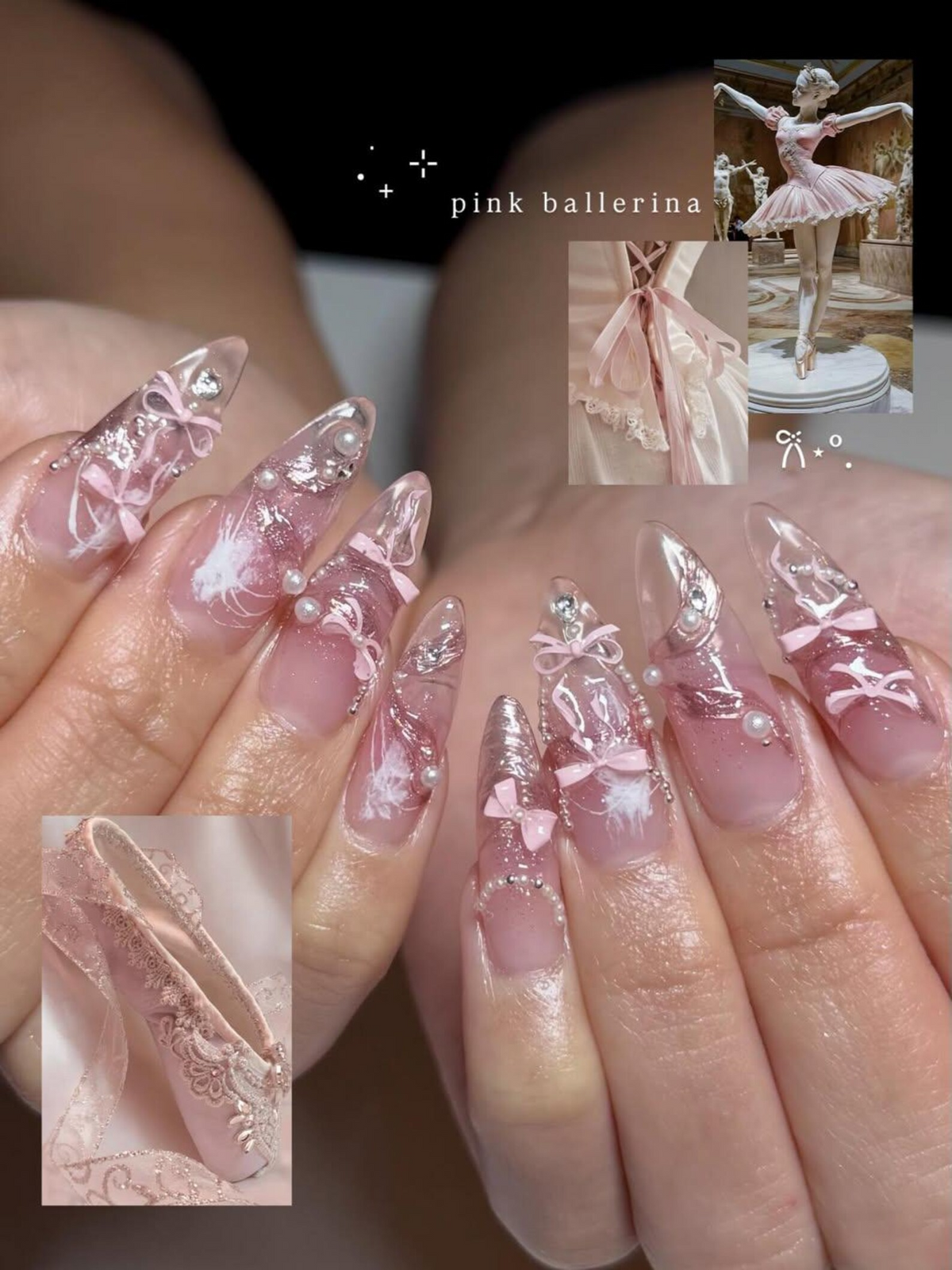 Pink Ballerina Press On Nails for Girls – Soft Blush Ombre Stiletto Nails with Pearls & Ribbons, Handmade Coquette Balletcore Inspired Press On Nail Set, Luxury Princess Nails | OB291HC