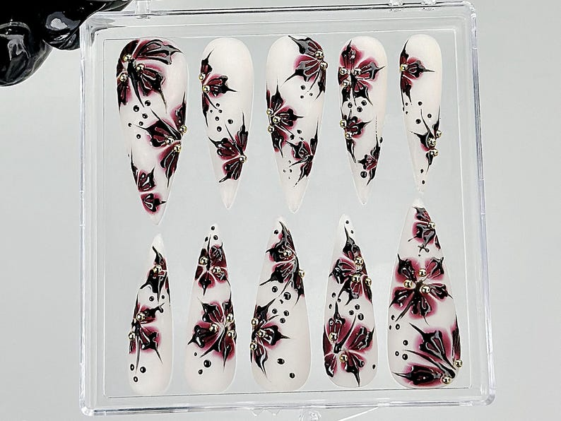 Black Red Flower Press On Nails |Gothic Floral Fantasy Nail Art |Handmade Dark Nails |OB888YC