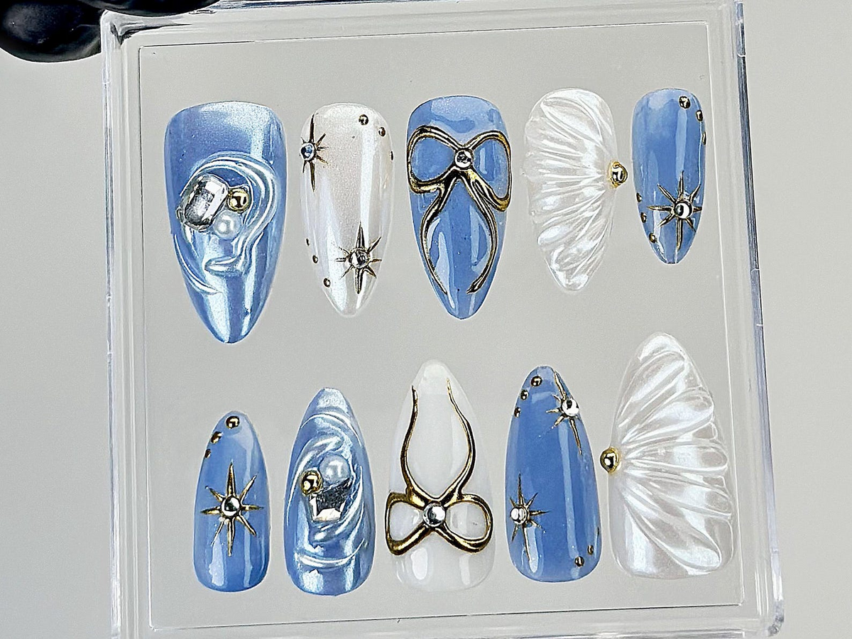 Blue Pearl Star Press On Nails | 3D Bow & Star Design Fake Nails | 3D Bow Star Nail Art | Handmade Artistic Press Ons |Luxury Nails |OC875YK