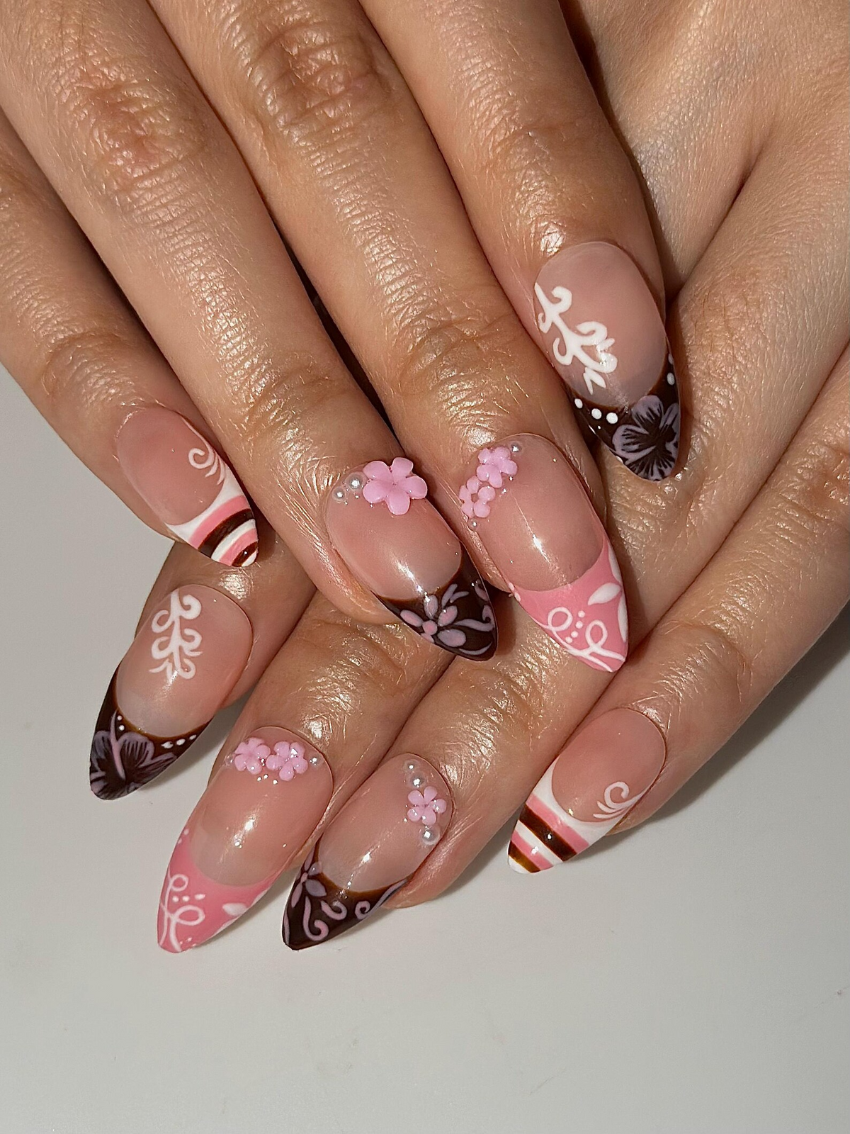 Pink Brown Floral Press On Nails | Cute Pink Nail Art | Sweet Dessert Inspired Nails | 3D Flower Nail Set | Handmade Press Ons | OC1298HK