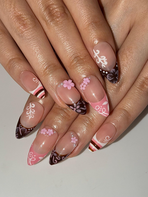 Pink Brown Floral Press On Nails | Cute Pink Nail Art | Sweet Dessert Inspired Nails | 3D Flower Nail Set | Handmade Press Ons | OC1298HK