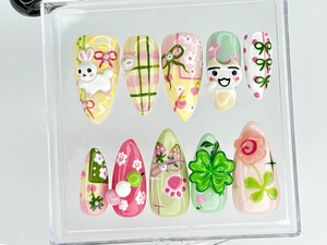 Kawaii Cute Press On Nails by DoryNails | Pastel Bunny Clover 3D Press Ons | Sakura Bunny Fake Nails | Kawaii Spring Nail Art | OB827YC