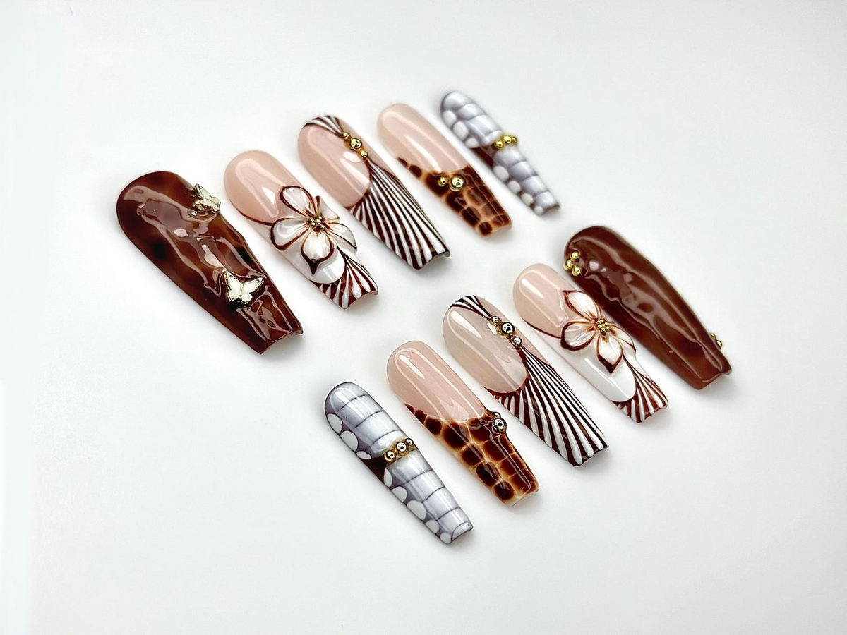 Caramel Elegance Press On Nails | Brown Marble 3D Flower Nails | Butterfly Accent & Luxe Stripe Design | Fall Long Gel Nails | OB1003EC
