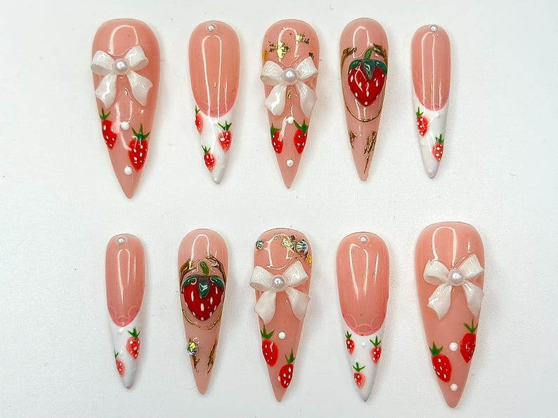 Cute Strawberry Bow Press On Nails | Pink French Tip Nails | Cute 3D Kawaii Nail Art | Handmade Luxury Press Ons | OC995GC