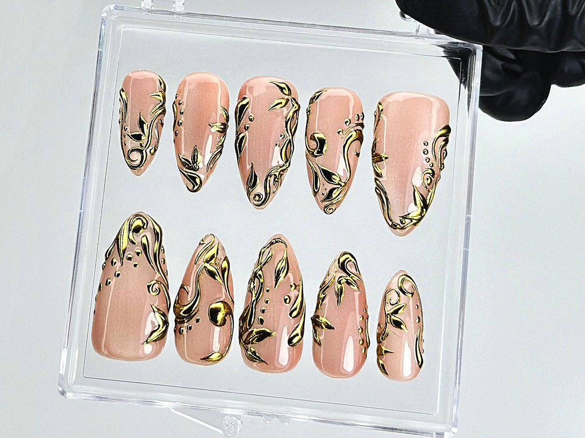 Nude Gold Leaf Press On Nails | Elegant Baroque Swirl Fake Nails | Metallic Accent Luxury Nail Art | Gold Foil Nude Press Ons | OB898YC