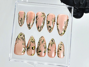 Nude Gold Leaf Press On Nails | Elegant Baroque Swirl Fake Nails | Metallic Accent Luxury Nail Art | Gold Foil Nude Press Ons | OB898YC