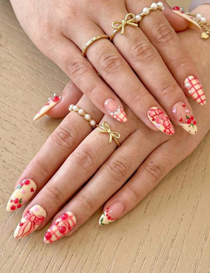 Press On Nails Adhesive Tabs – Cherry Heart & Pink Ribbon Nude Press On Nails, Handmade Valentine Fake Nails Sweet Romantic Nail Art | OB24L