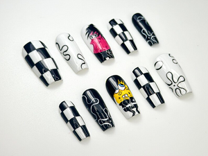 Punk Pop Cartoon Press On Nails | Black & White Checkerboard Nail Art | Handmade Funky Press Ons | Retro Pop Culture Nail Set | OB128HK