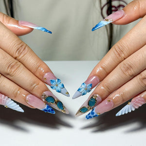 Blue Ocean Press On Nails with 3D Flower and Gold Detail | Marble Coastal Nails in Almond Shape | Summer Vacation Nails for Beach | OC1309NC