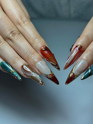 Chrome Glam Press On Nails | Red Green Gold Luxury Nails | Festive Glitter Stiletto Nails | Handmade Elegant Press Ons | OC1047HC