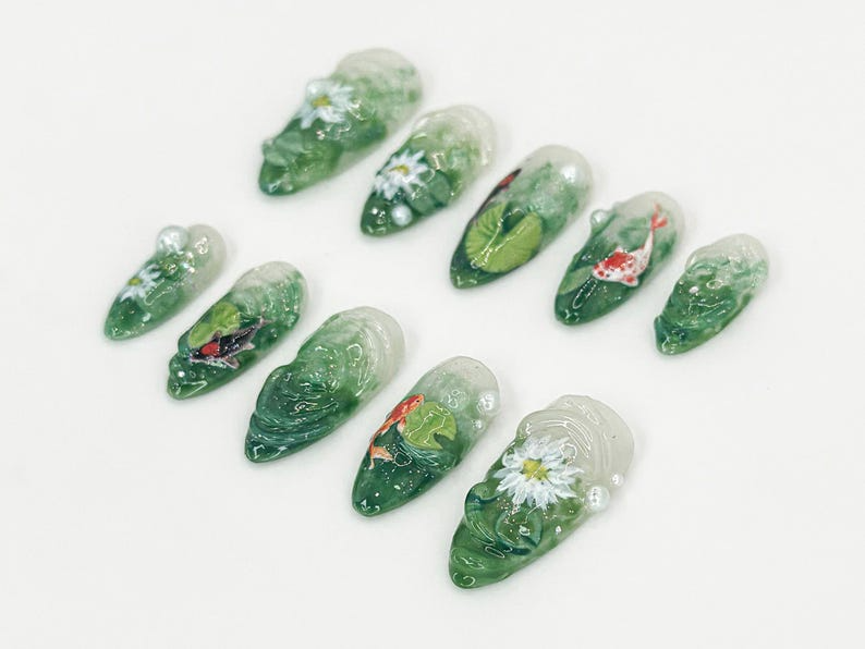 Nature Koi Fish Press On Nails | Realistic Pond & Fish Nail Design | Natural Landscape Nail Art | Custom Hand-Painted Green Nails | OB669HC