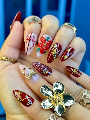 Floral Christmas Press On Nails | Red Gift Bow Nails | Luxury Winter Nail Art | Red Gold Holiday Nail Set | OB213EK