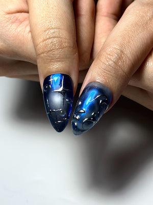 Galaxy Gothic Press On Nails | Dark Blue Chrome Cat Eye Nails | Celestial Star Night Nail Art | Handmade Cosmic Gel Nails | OB328IC