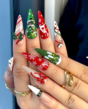 Cozy Knit Christmas Press On Nails | Red Green Holiday Nail Art |Festive Tree & Ribbon Design| Candy Cane And Snowflake Design | OB1195EK